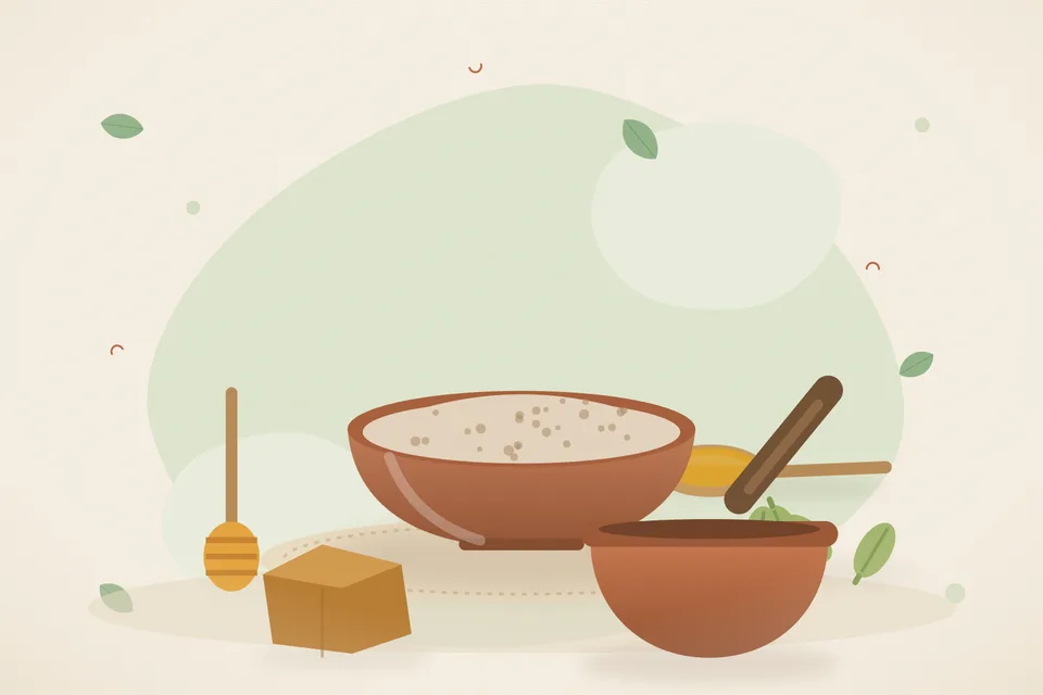 Illustrated still life with honey, cardamom, jaggery.