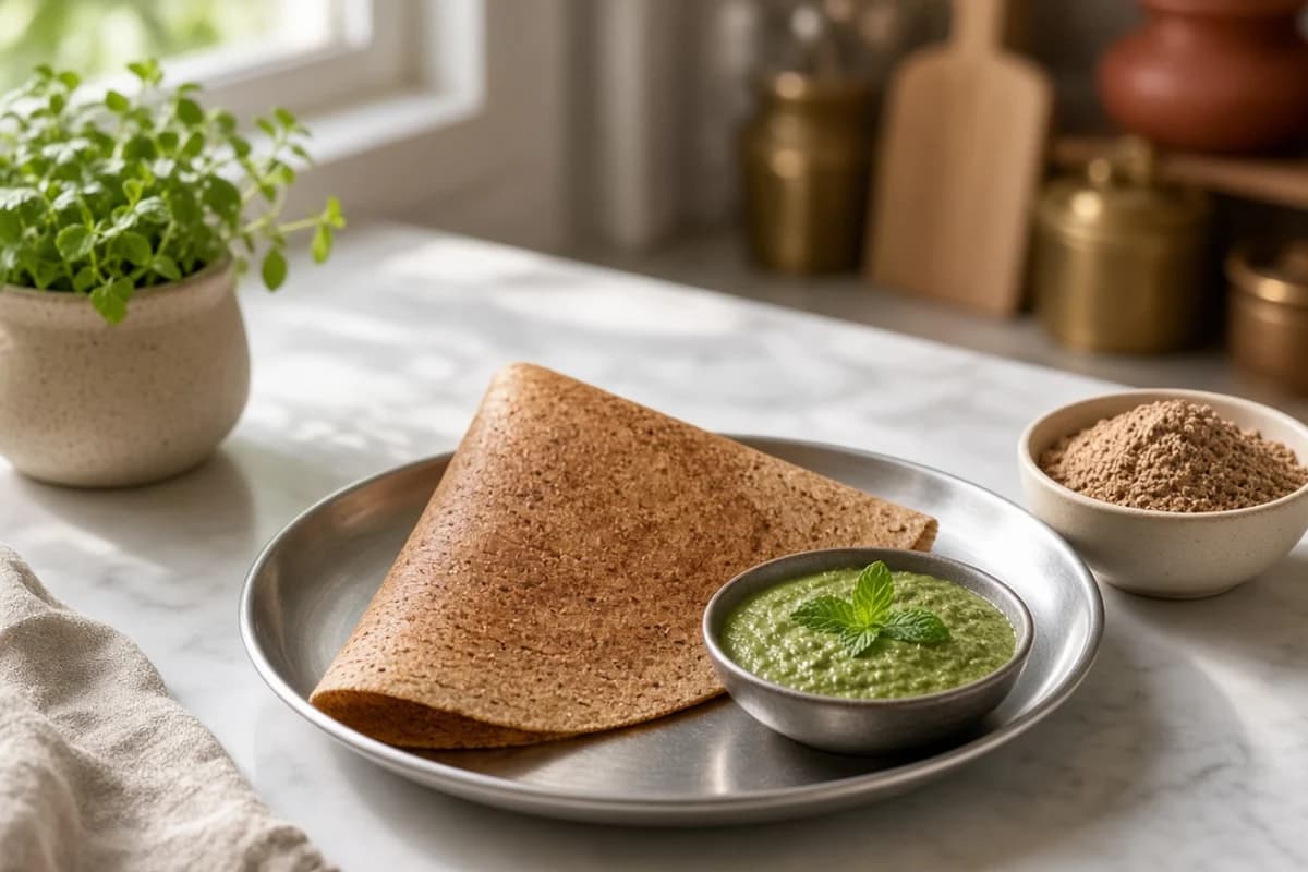 A thin folded brown ragi dosa on a steel plate with green mint chutney and a bowl of ragi flour.