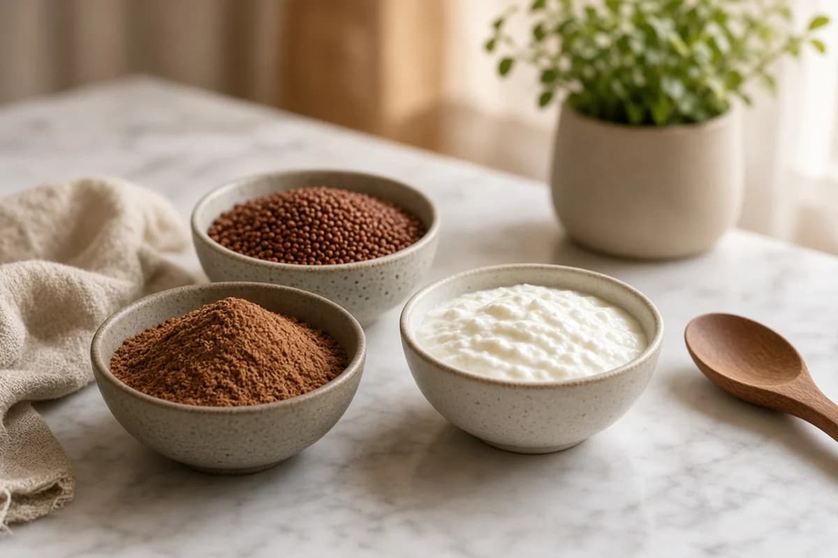Small bowls of brown ragi flour, reddish ragi grains and white curd with a wooden spoon and a folded cloth.
