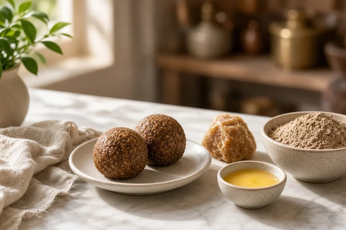 Two round brown ragi laddoos on a small plate beside a bowl of ragi flour, a lump of jaggery and a small bowl of ghee.