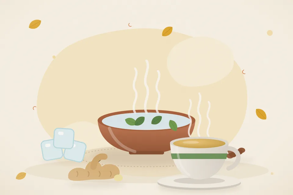 Illustrated still life with ice, raisins, fresh ginger.