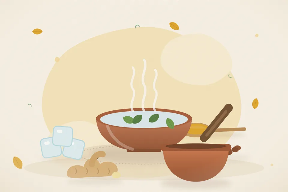 Illustrated still life with ice, raisins, fresh ginger.