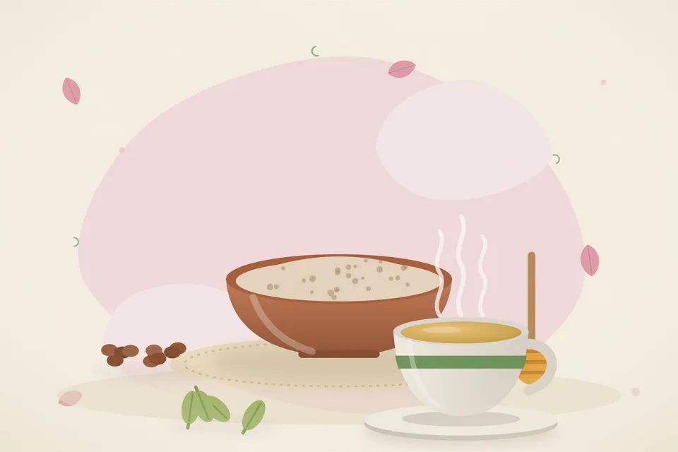 Illustrated still life with raisins, honey, cardamom.
