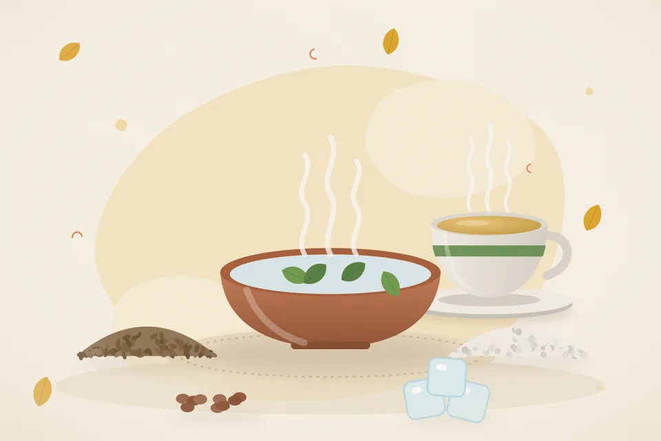 Illustrated still life with cumin seeds, rock salt, raisins, ice.