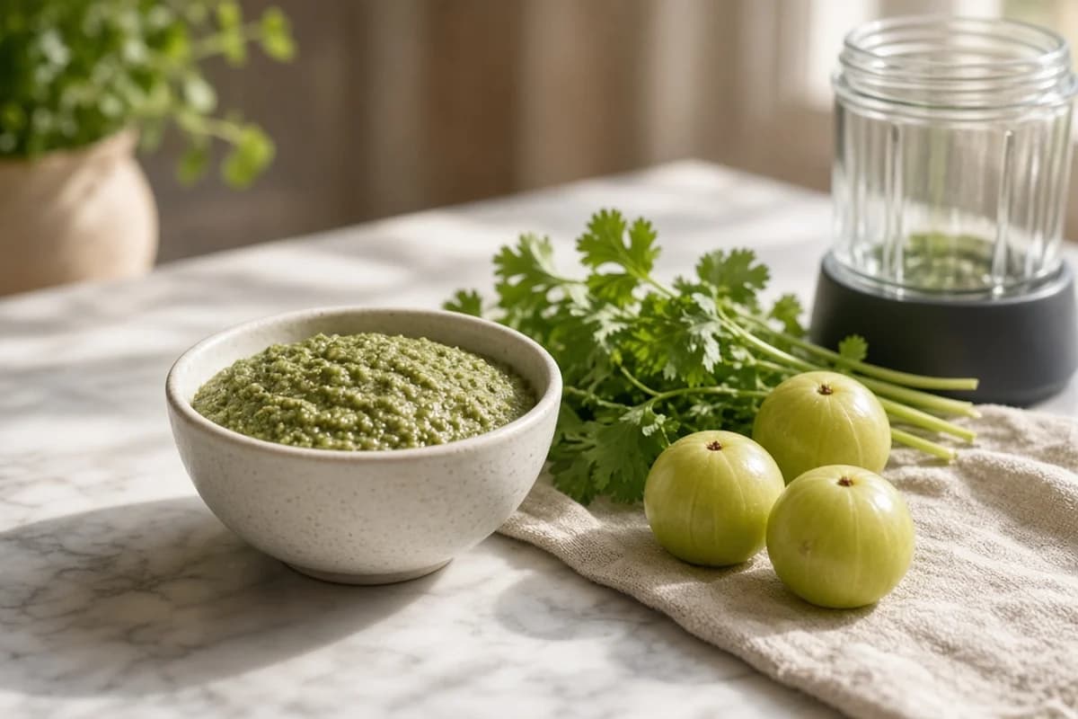 A bowl of green raw amla chutney with fresh coriander and whole green amla fruits.