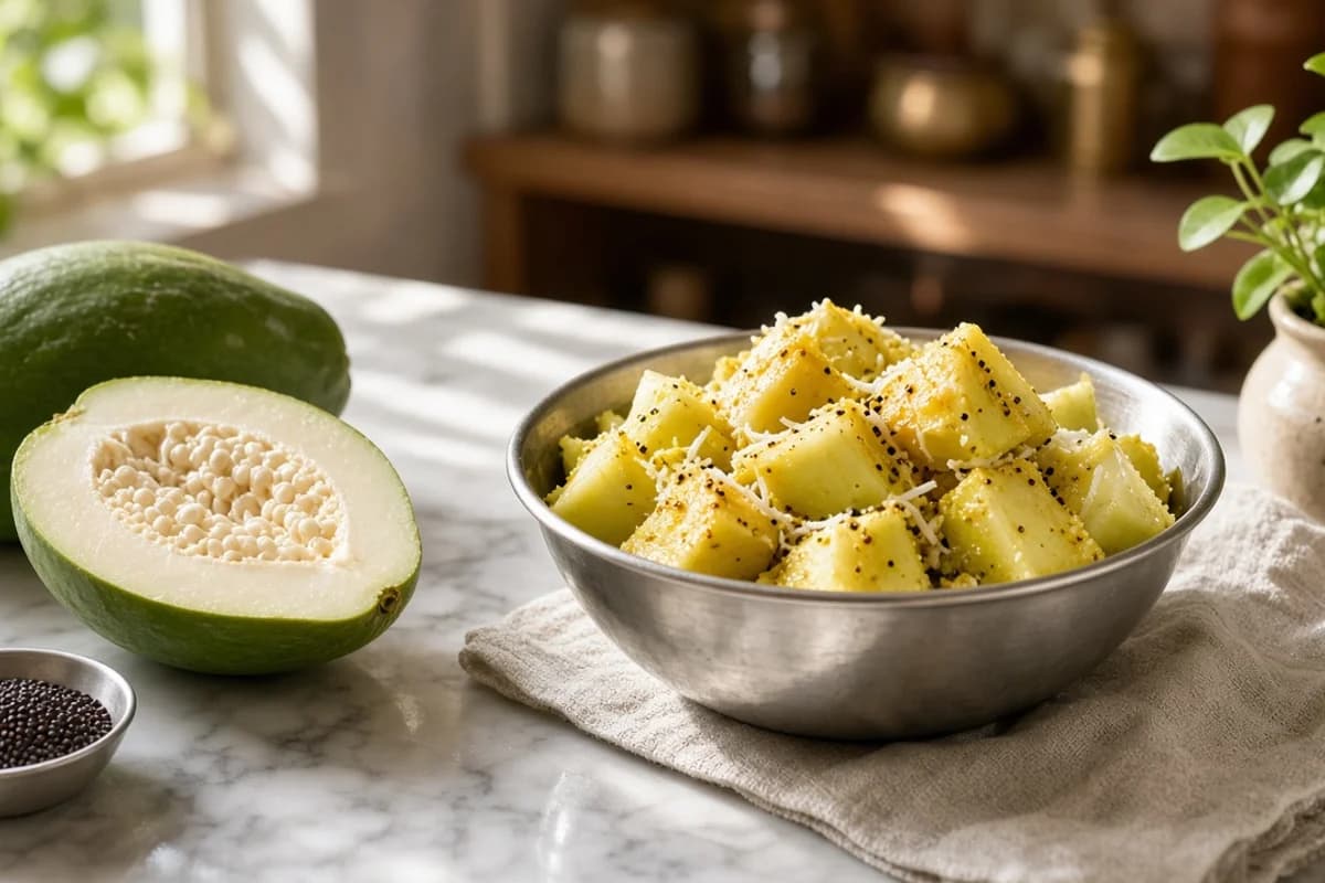 A steel bowl of cooked raw papaya cubes with mustard seeds and coconut, beside a cut green papaya showing white seeds.