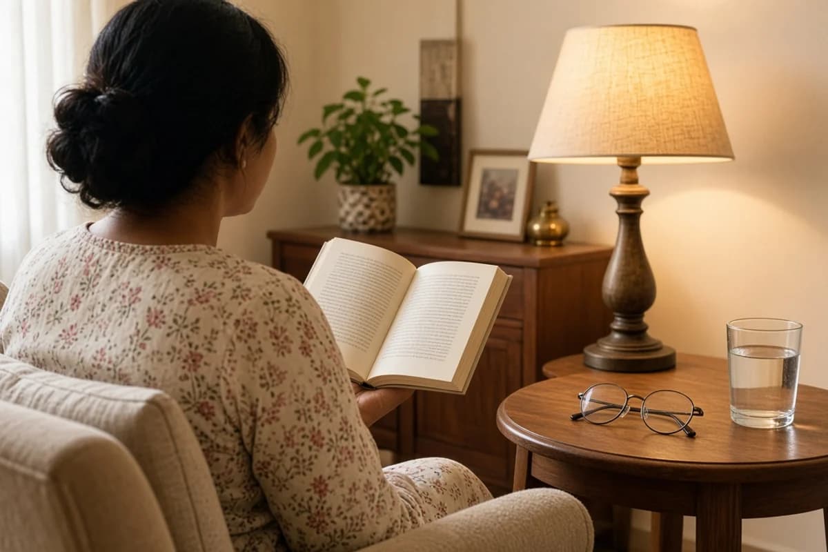 A woman seen from behind reads a book in a beige armchair, with a lamp glowing behind her on a cabinet and glasses and a glass of water on a side table.