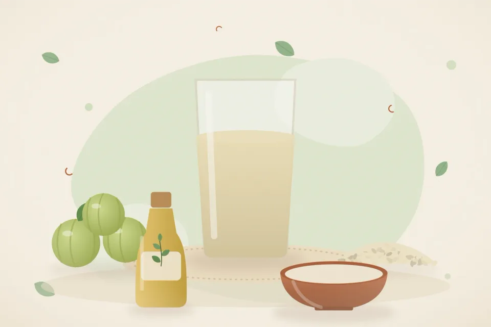 Illustrated still life with amla, sesame seeds.
