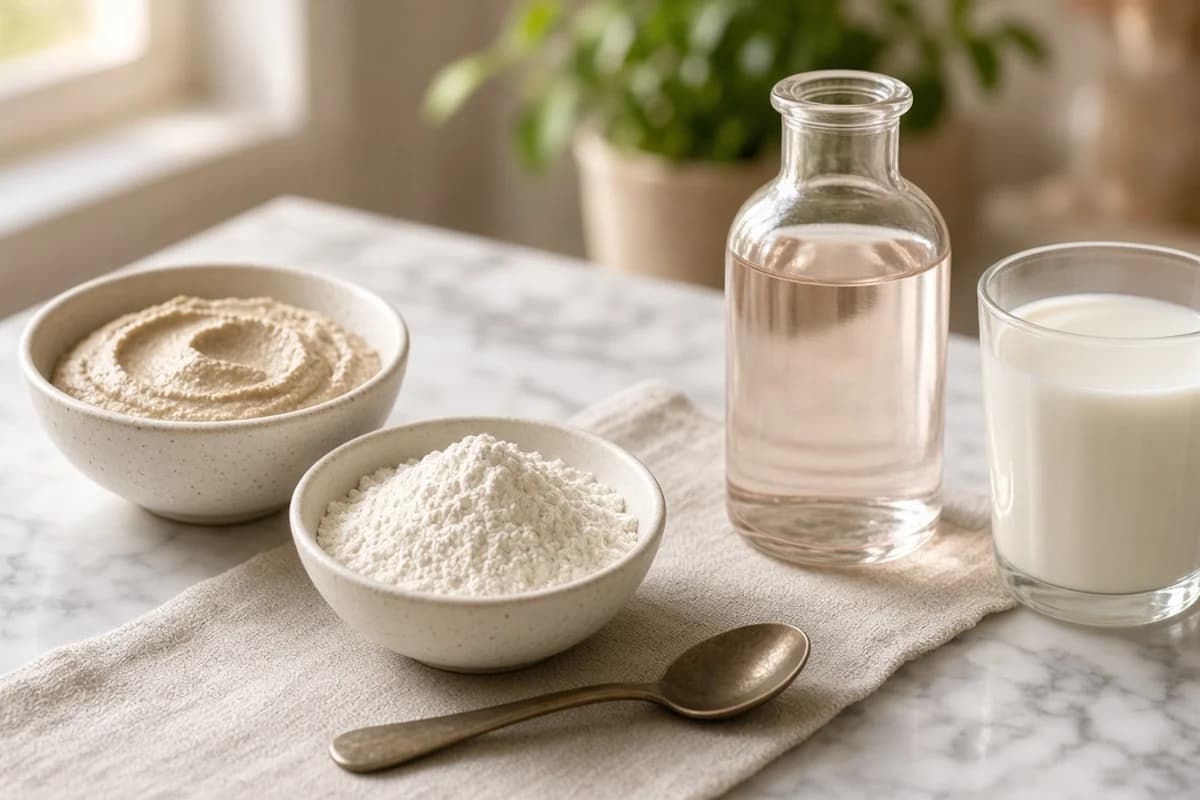 A bowl of beige paste, a bowl of white rice flour, a bottle of rose water and a glass of milk.