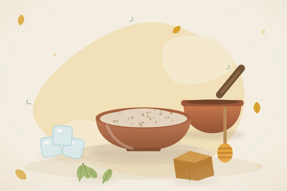 Illustrated still life with ice, honey, cardamom, jaggery.