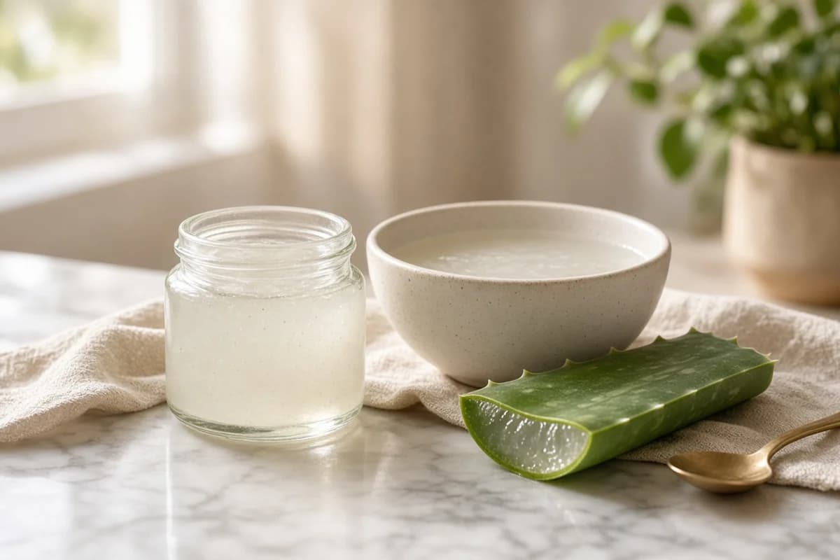 A glass jar of clear aloe gel beside a cut aloe leaf and a bowl of white rice-water cream.
