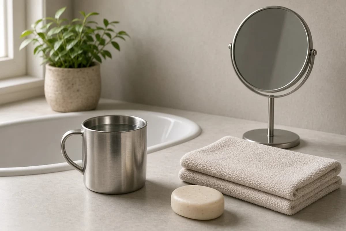 A steel mug of water, a bar of soap, folded towels and a small round mirror on a clean washbasin counter.