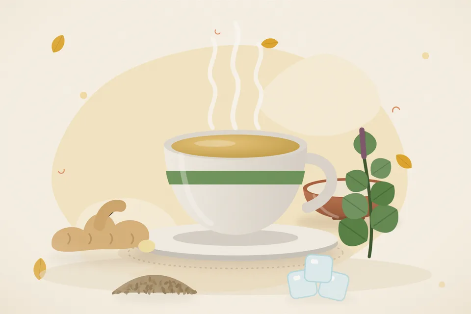Illustrated still life with fresh ginger, tulsi leaves, ajwain seeds, ice.
