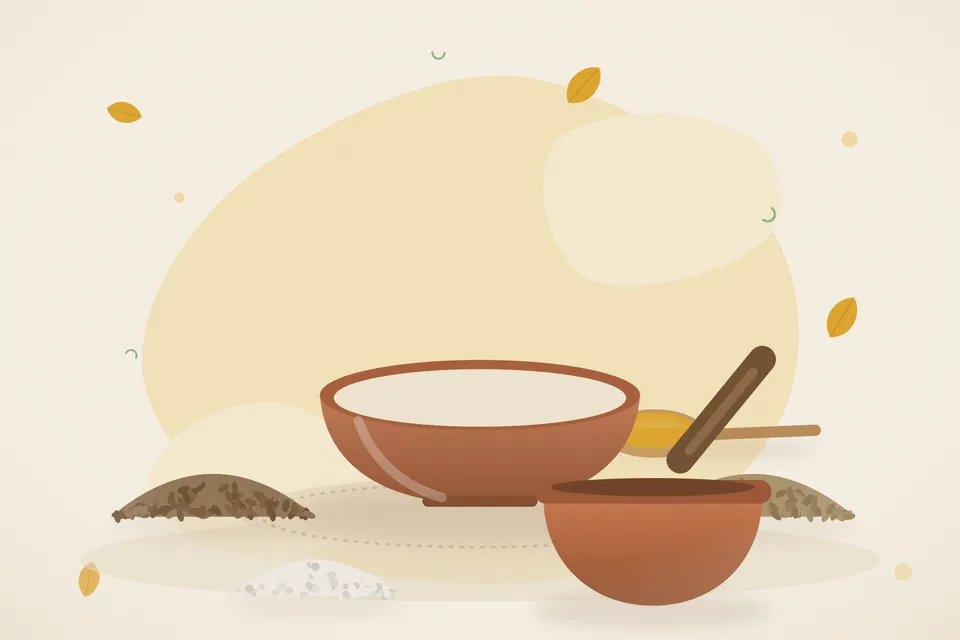 Illustrated still life with cumin seeds, ajwain seeds, rock salt.