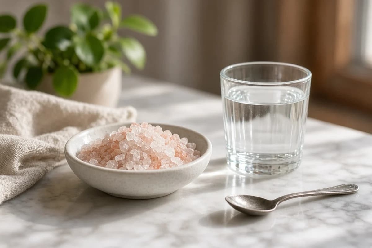 A bowl of pink rock salt beside a glass of water and a spoon.