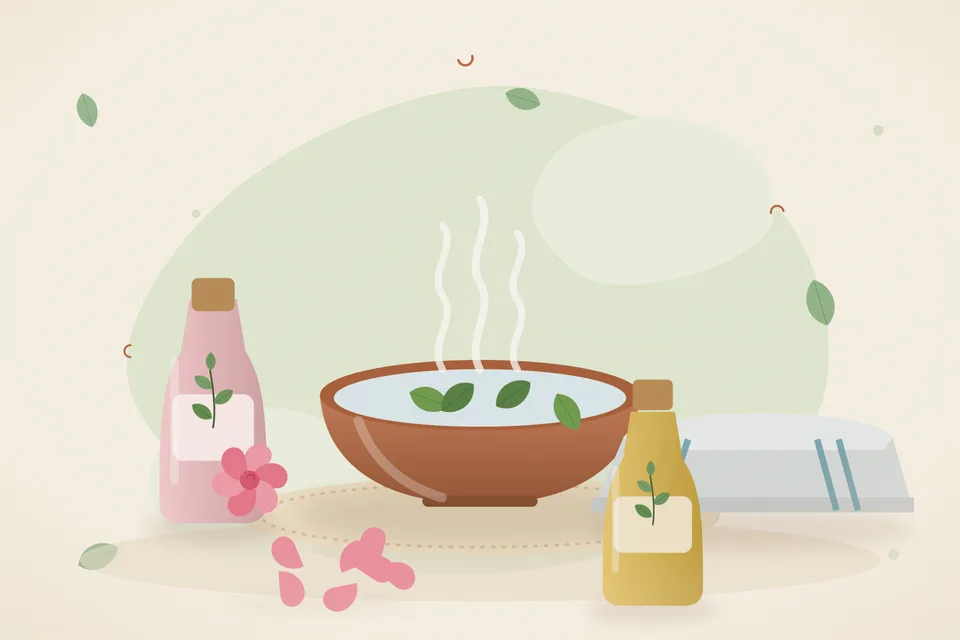 Illustrated still life with rose water, a folded cloth, rose petals.