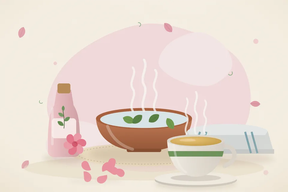 Illustrated still life with rose water, a folded cloth, rose petals.