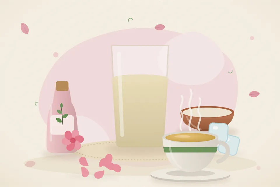 Illustrated still life with rose water, ice, rose petals.