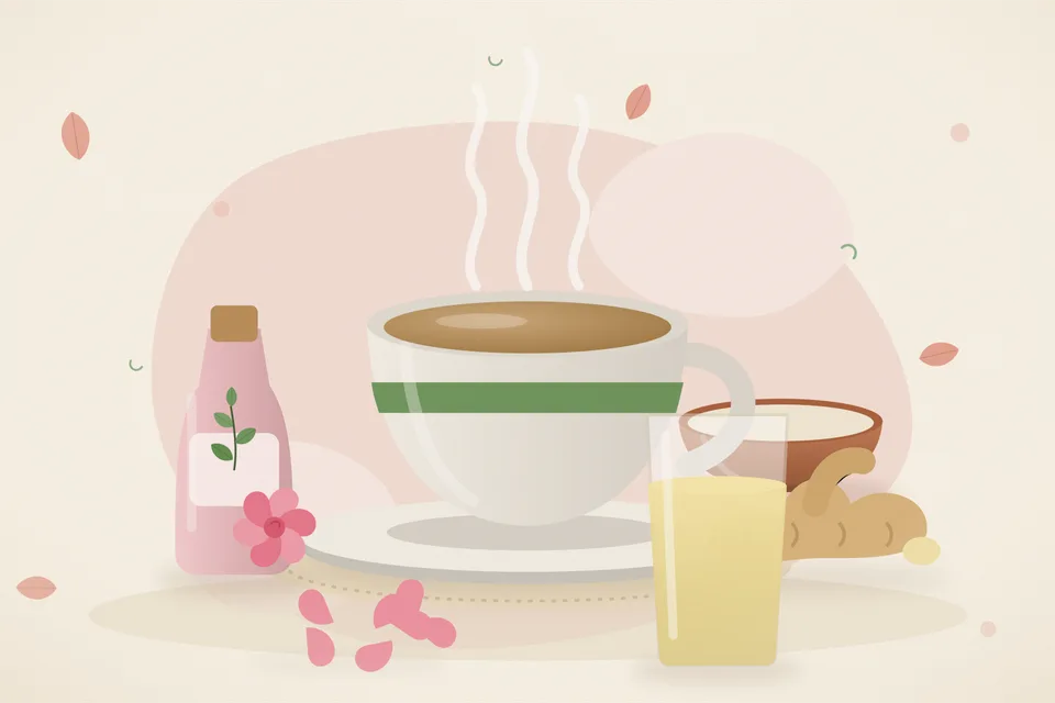 Illustrated still life with rose water, fresh ginger, rose petals.