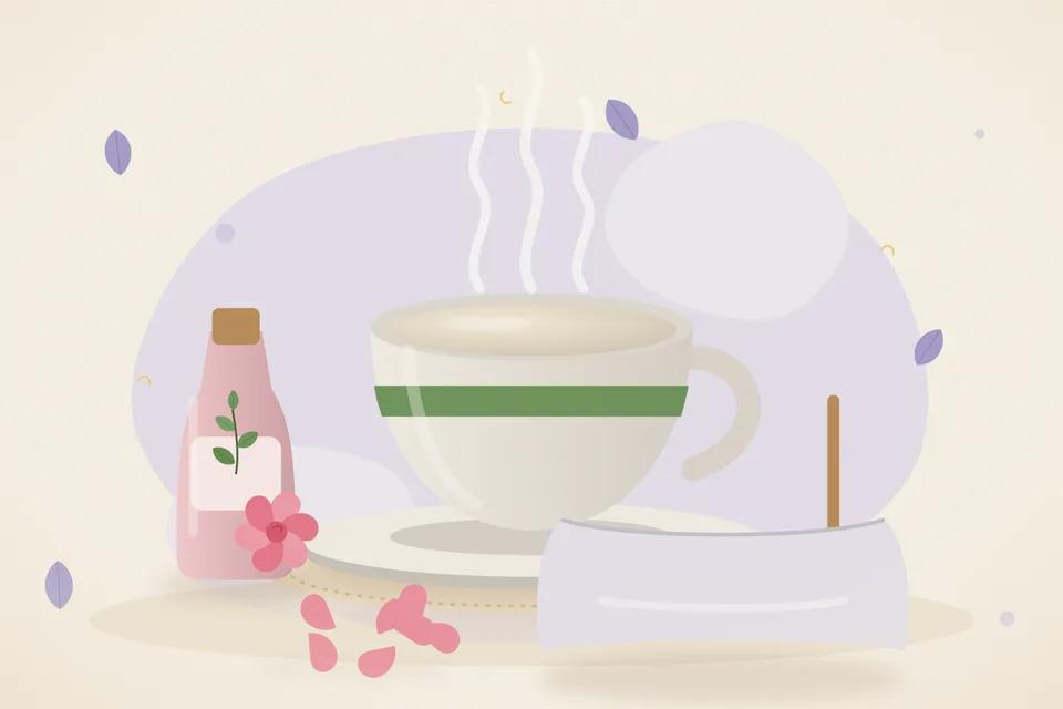 Illustrated still life with rose water, honey, rose petals.
