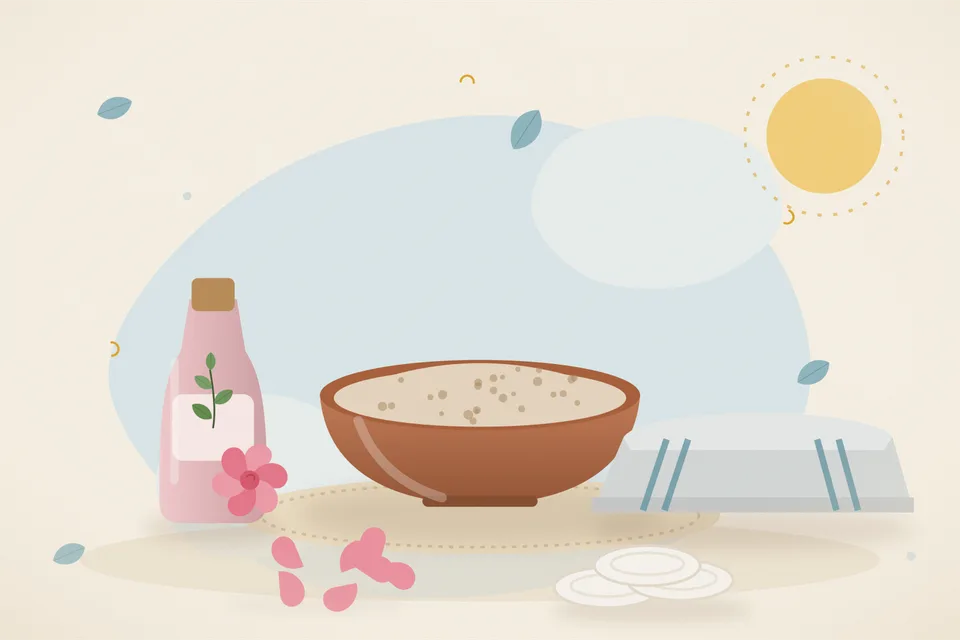 Illustrated still life with rose water, a folded cloth, rose petals.