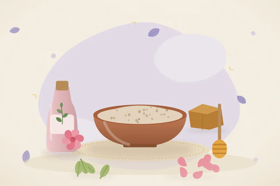 Illustrated still life with rose water, honey, cardamom, rose petals, jaggery.