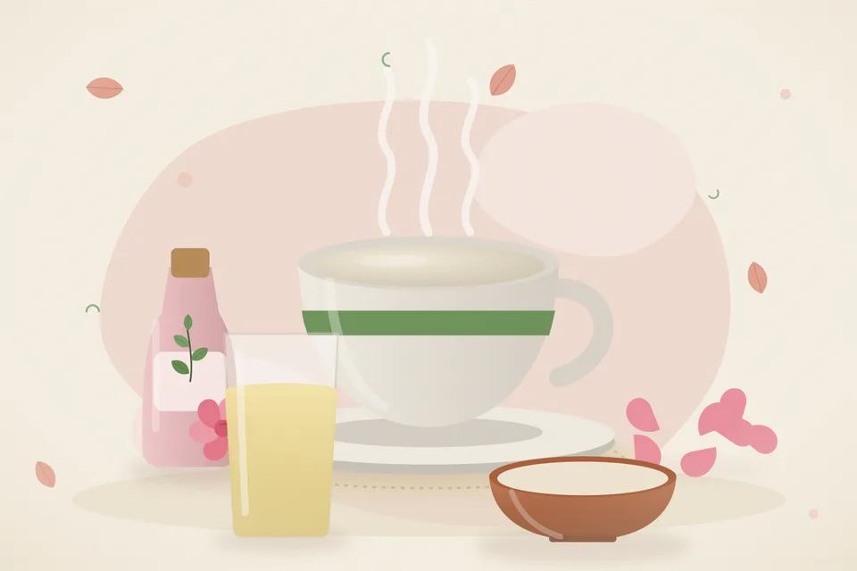 Illustrated still life with rose water, rose petals.