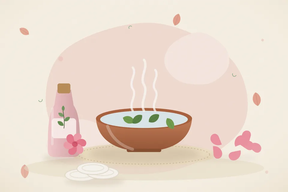 Illustrated still life with rose water, rose petals.