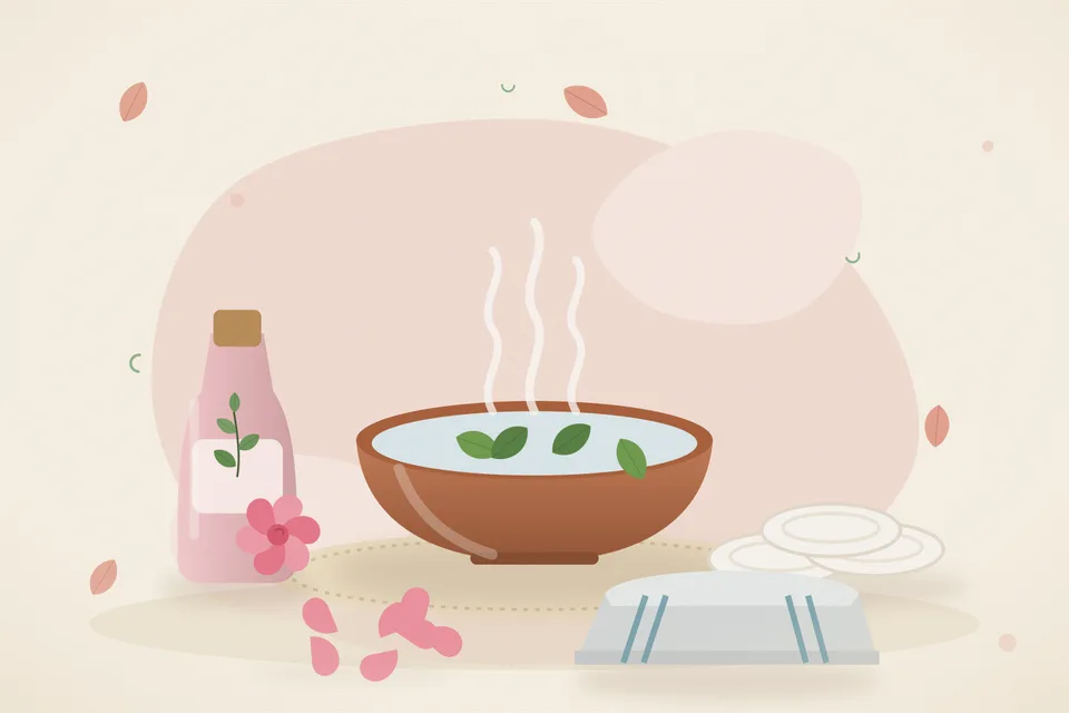 Illustrated still life with rose water, cotton pads, rose petals, a folded cloth.