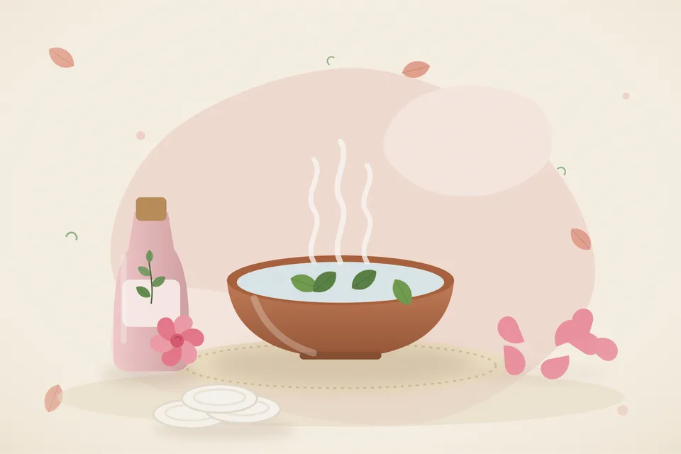 Illustrated still life with rose water, rose petals.