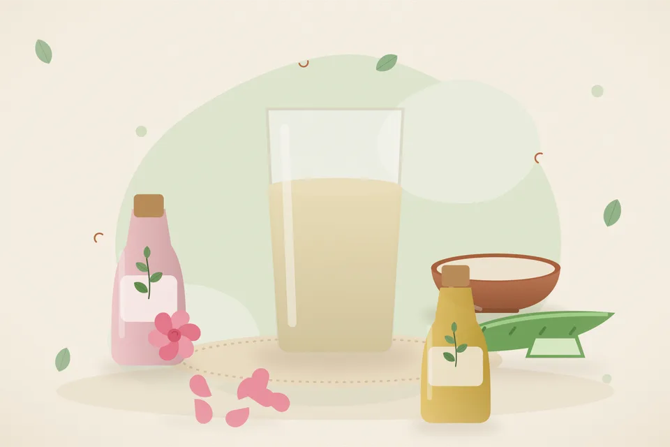 Illustrated still life with rose water, aloe vera, rose petals.