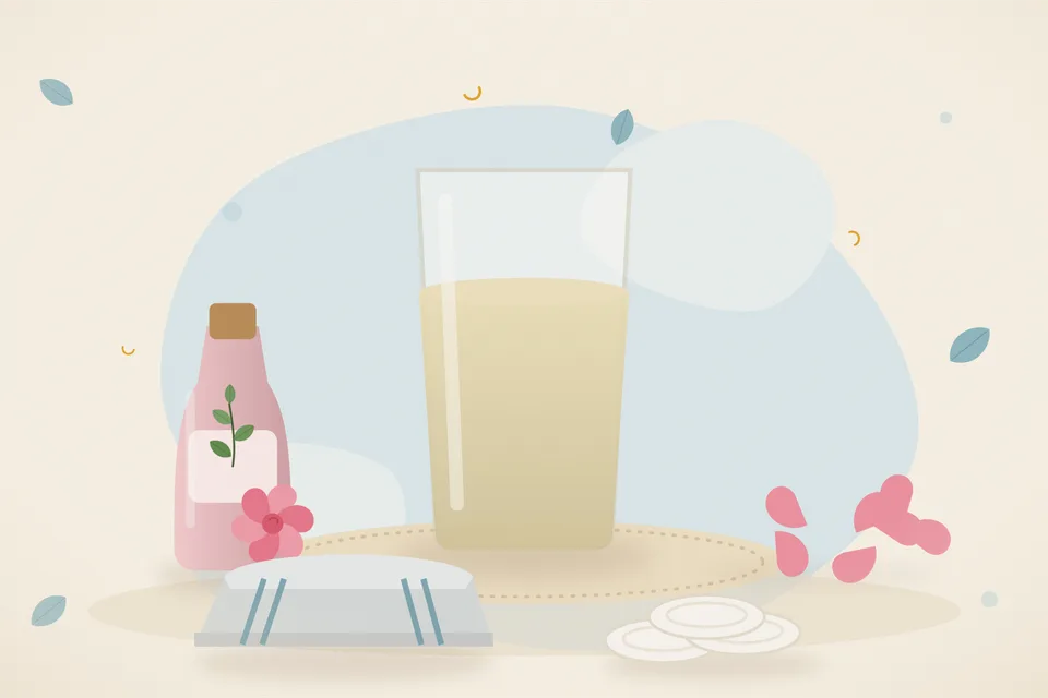 Illustrated still life with rose water, rose petals.
