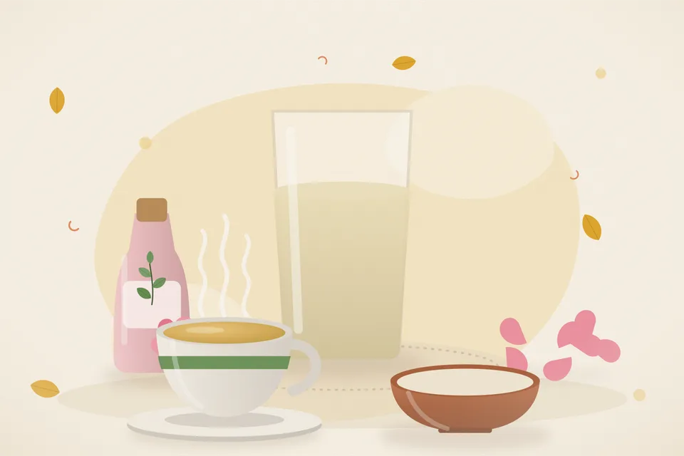 Illustrated still life with rose water, rose petals.