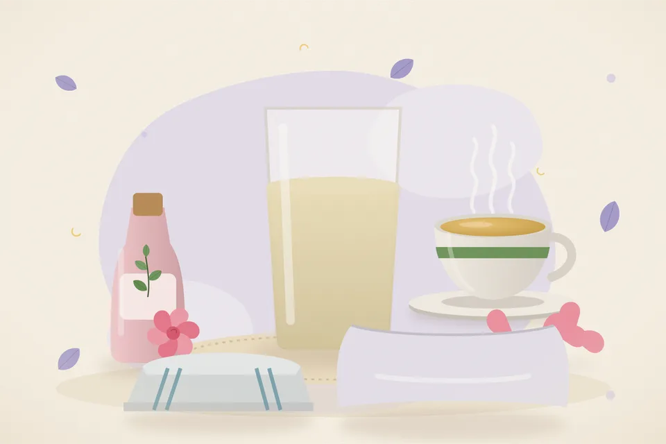 Illustrated still life with rose water, rose petals, a folded cloth.