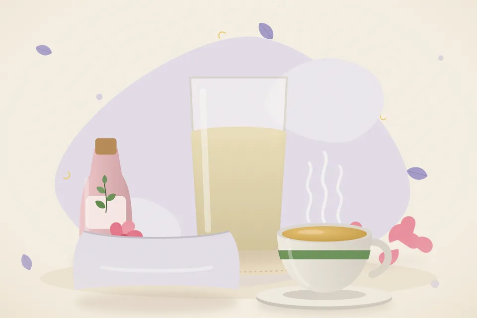 Illustrated still life with rose water, rose petals, a soft pillow.