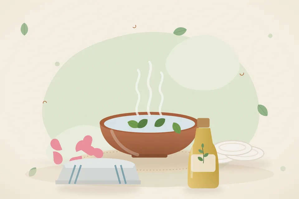 Illustrated still life with rose petals, cotton pads, a folded cloth.