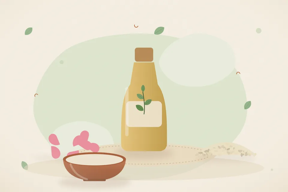 Illustrated still life with rose petals, sesame seeds.