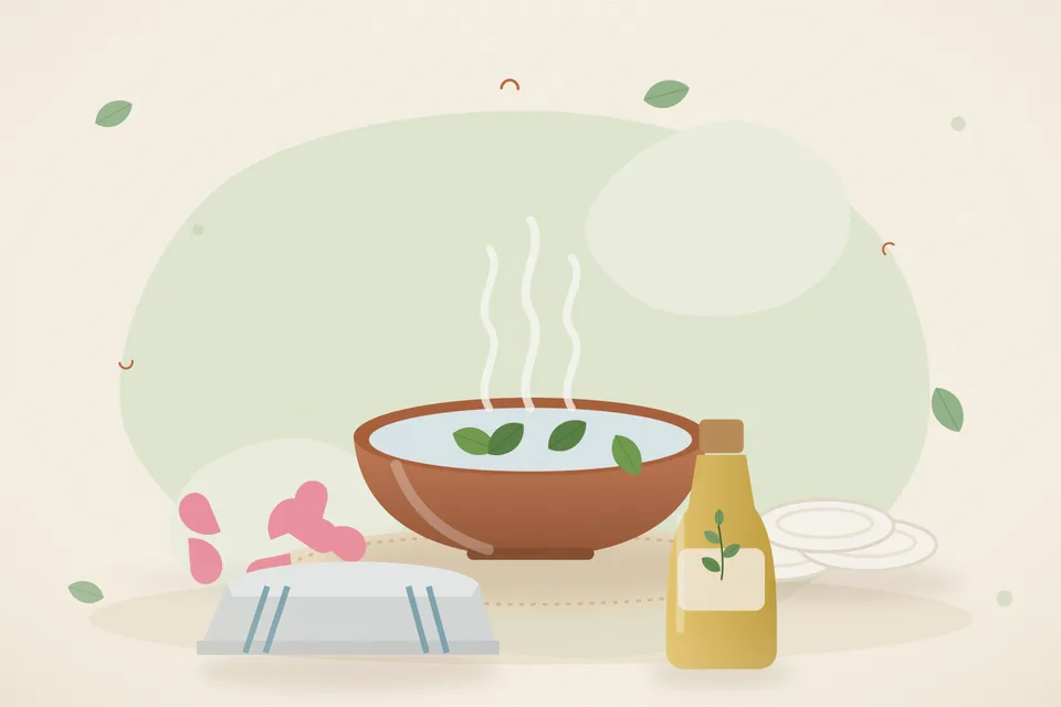 Illustrated still life with rose petals, cotton pads, a folded cloth.