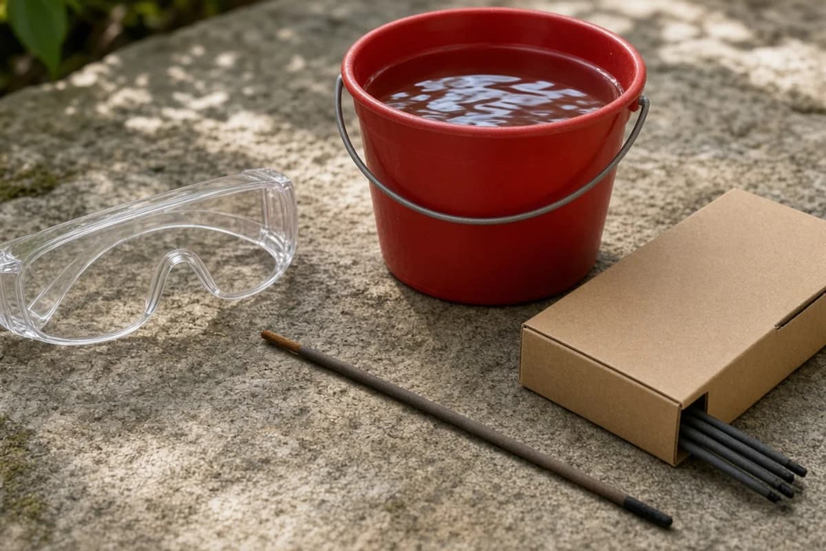 Clear safety goggles beside a red bucket of water and a box of thin unlit sparkler sticks on a sunlit stone ledge.