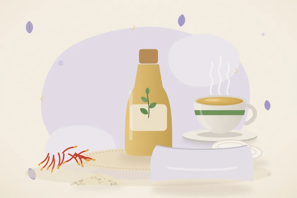 Illustrated still life with saffron, cotton pads, sesame seeds, a soft pillow.