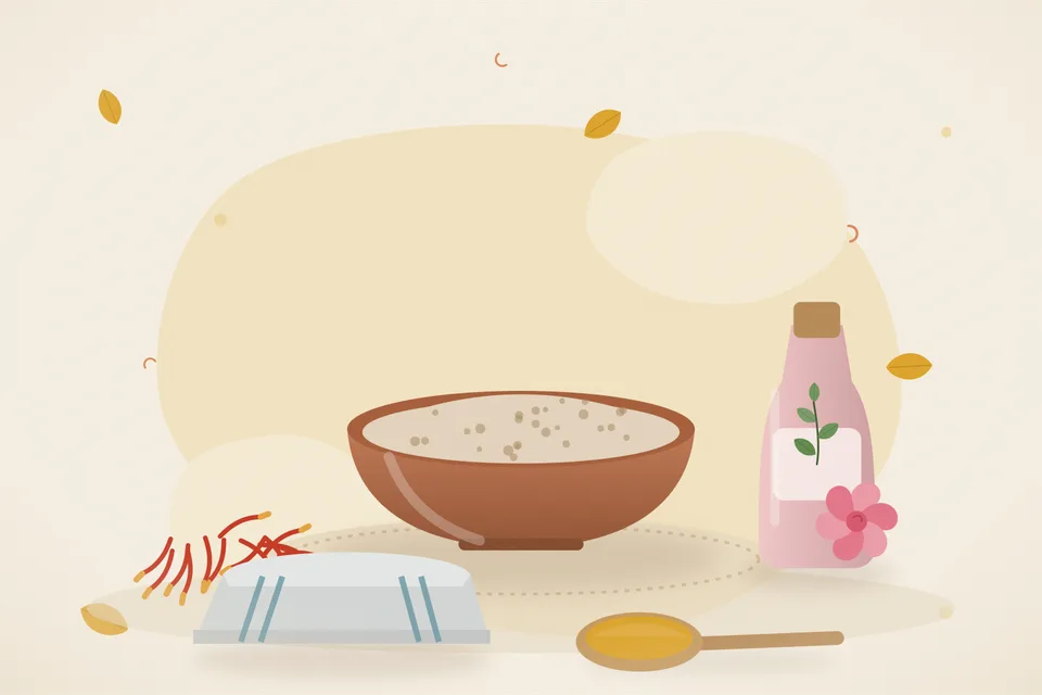 Illustrated still life with saffron, rose water, a folded cloth.