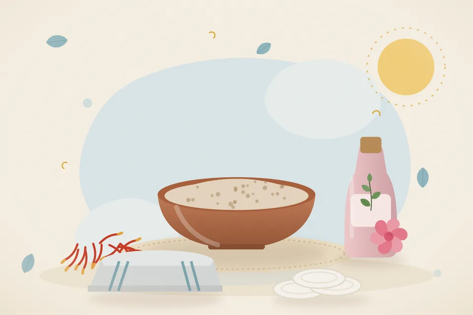 Illustrated still life with saffron, rose water, a folded cloth.