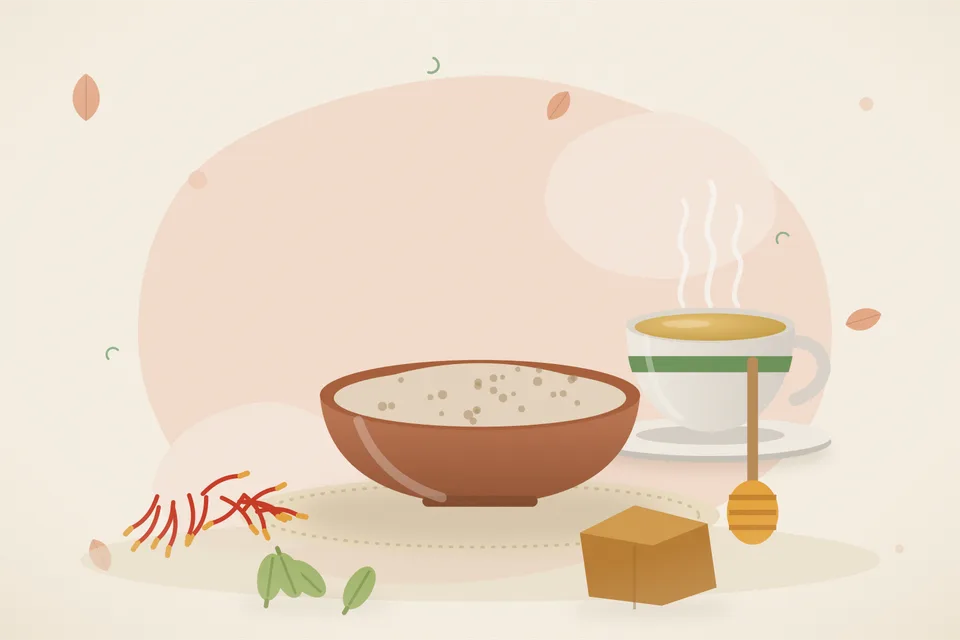 Illustrated still life with saffron, honey, cardamom, jaggery.