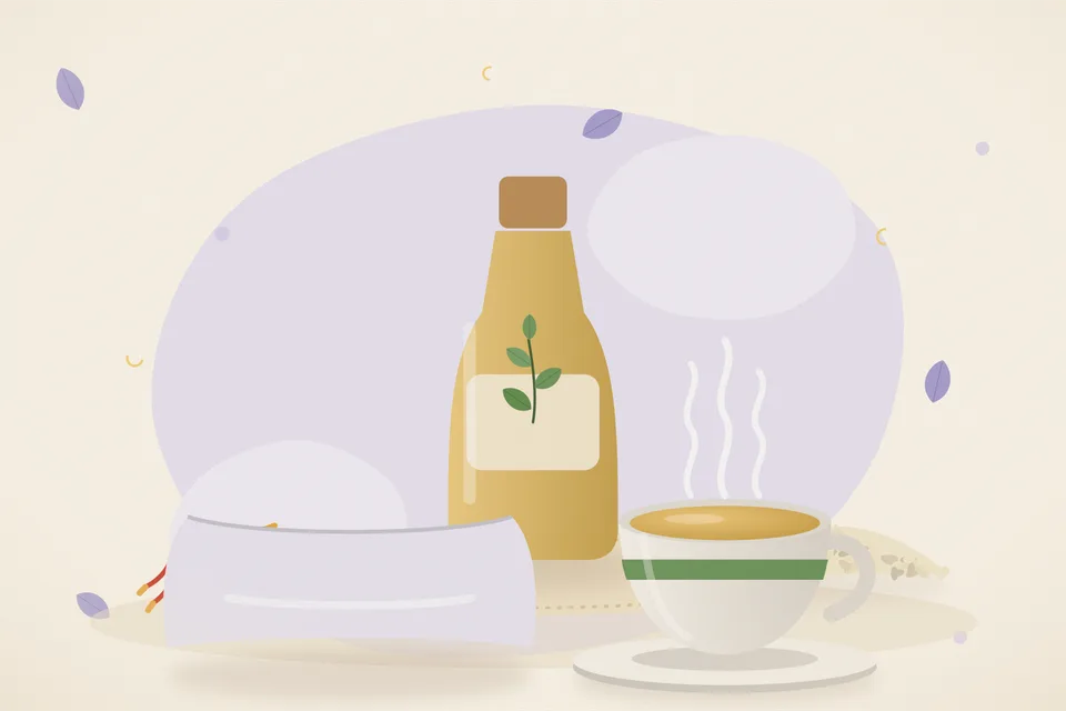 Illustrated still life with saffron, sesame seeds.