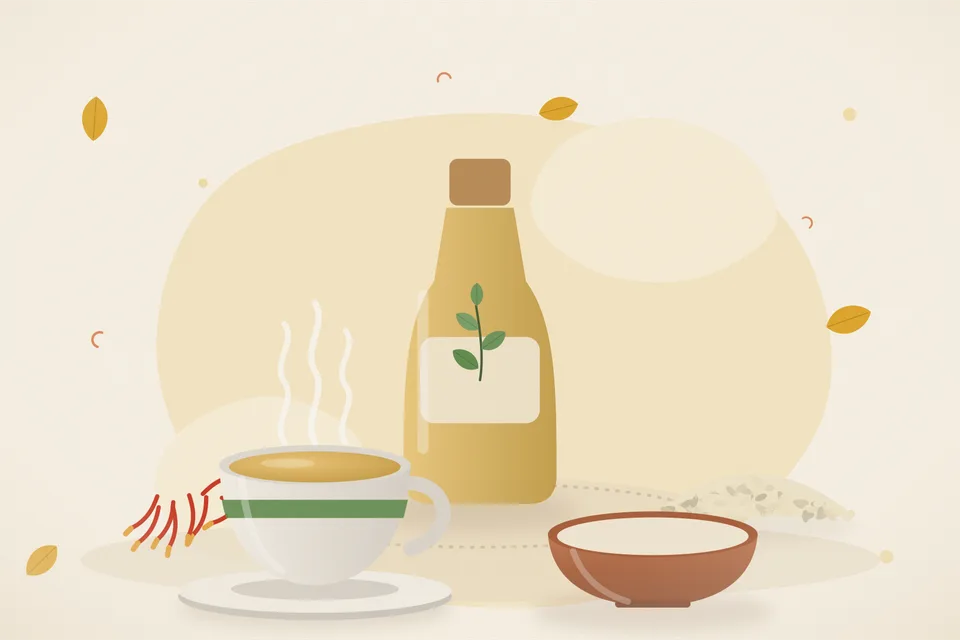 Illustrated still life with saffron, sesame seeds.