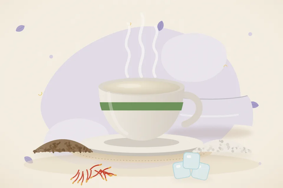 Illustrated still life with cumin seeds, rock salt, saffron, ice.