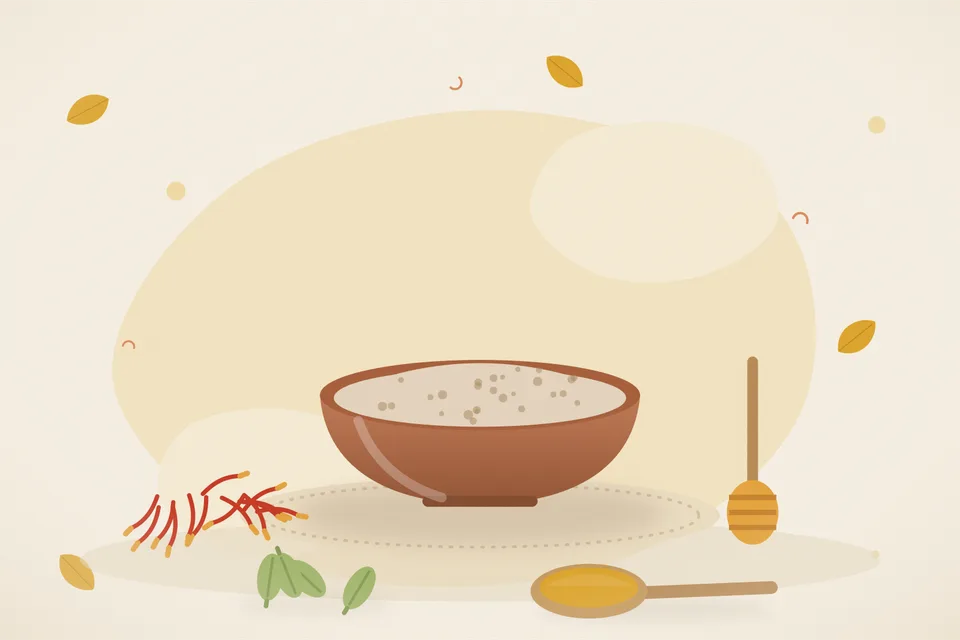 Illustrated still life with saffron, honey, cardamom.