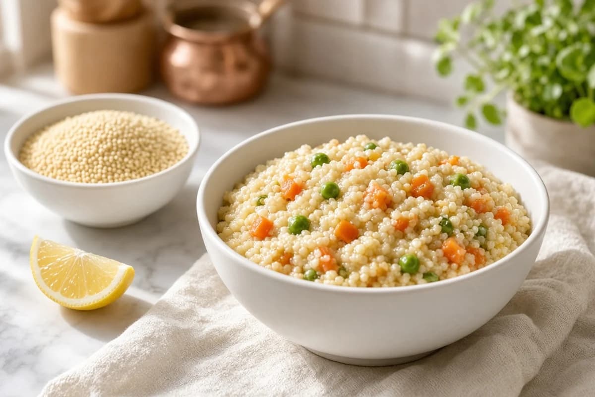 A white bowl of pale sama millet khichdi with carrot cubes and peas, a bowl of raw millet grains and a lemon wedge.