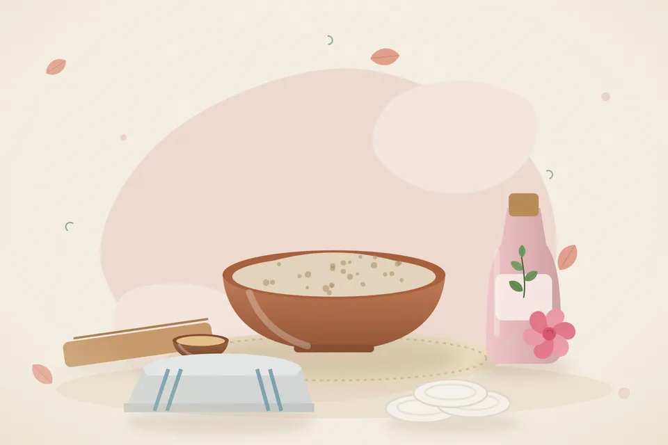 Illustrated still life with sandalwood, rose water, a folded cloth.