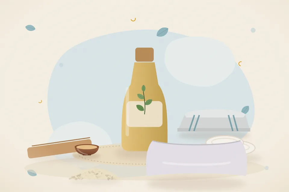Illustrated still life with sandalwood, cotton pads, sesame seeds, a soft pillow.